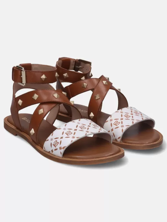 Goldy White & Cognac Flat Sandals | BAGATT Online