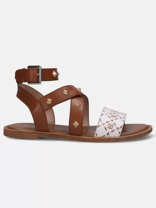 Goldy White & Cognac Flat Sandals | BAGATT Online